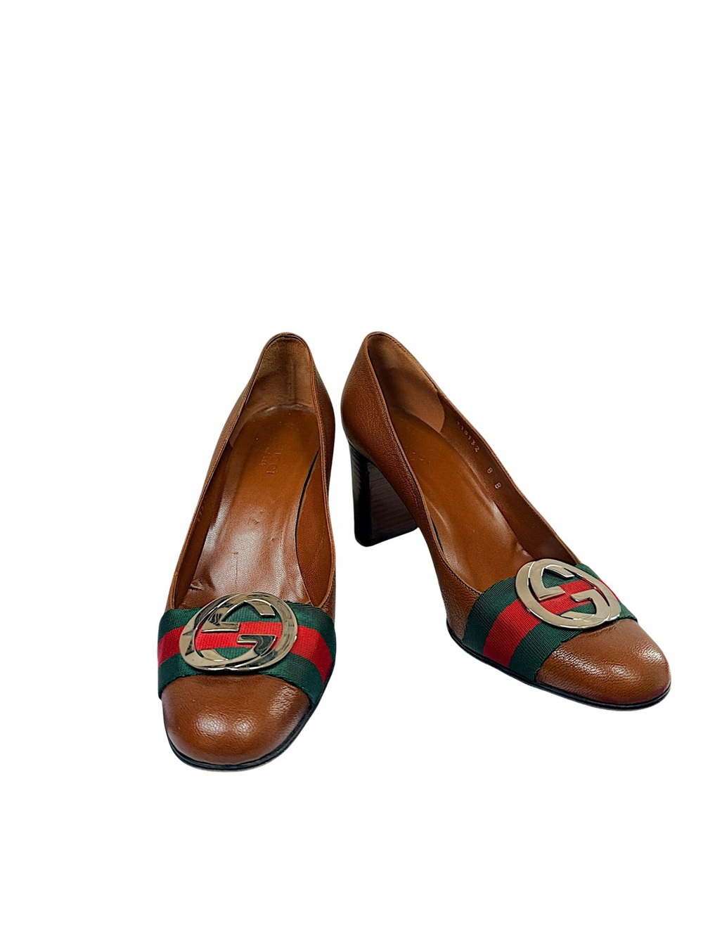 Gucci Brown Leather GG Web Stripe Block Heel Pumps Size 38 / US 8